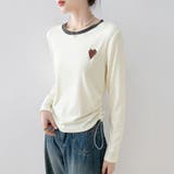ベージュ | ハートワッペン付きサイドギャザー長袖Tシャツ レディース トップス | Doux Belle 