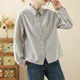 ゴールドボタン付きストライプ長袖シャツ レディース トップス | Doux Belle  | 詳細画像6 