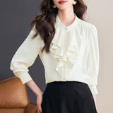 ベージュ | フロントフリルスタンドカラー長袖ブラウス レディース トップス | Doux Belle 