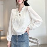 ホワイト | フリルカラーレース切替長袖ブラウス レディース トップス | Doux Belle