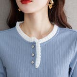 配色フリル切り替え長袖リブトップス レディース トップス | Doux Belle | 詳細画像8