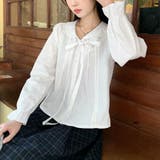 ホワイト | フリルカラーリボン長袖ブラウス レディース トップス | Doux Belle
