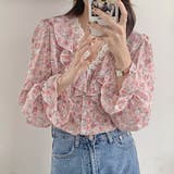 ピンク | 花柄レースフリルVネック長袖ブラウス レディース トップス | Doux Belle