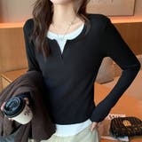 ブラック | レイヤード風スリットネックリブ長袖カットソー レディース トップス | Doux Belle