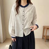 バイカラー配色ストライプ長袖シャツ レディース トップス | Doux Belle | 詳細画像1