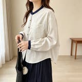 ライトベージュ | バイカラー配色ストライプ長袖シャツ レディース トップス | Doux Belle