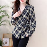 ダークブルー | チェック柄カシュクール風リボンシャツ レディース トップス | Doux Belle