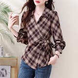 ダークブラウン | チェック柄カシュクール風リボンシャツ レディース トップス | Doux Belle