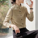 カーキ | 斜めボタンスタンドカラー長袖ブラウス レディース トップス | Doux Belle