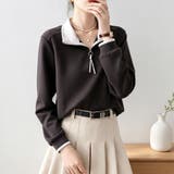 モカ | 配色カラーハーフジップ長袖スウェットプルオーバー レディース トップス | Doux Belle