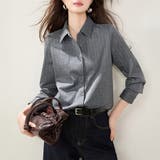 ストライプ柄ベーシック襟付き長袖シャツブラウス レディース トップス | Doux Belle | 詳細画像1