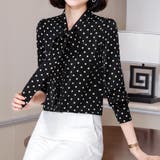ブラック | ボウタイ付きドット柄長袖ブラウス レディース トップス | Doux Belle