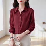 ワインレッド | ベーシック襟付き長袖シャツブラウス レディース トップス | Doux Belle