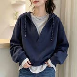 ネイビー | レイヤード風スキッパーフードパーカー レディース トップス | Doux Belle