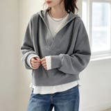 グレー | レイヤード風スキッパーフードパーカー レディース トップス | Doux Belle