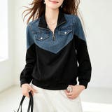 ブラック | デニム切り替えハーフジップ長袖プルオーバー レディース トップス | Doux Belle