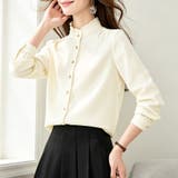 ベージュ | フリルネックスタンドカラー長袖シャツブラウス レディース トップス | Doux Belle