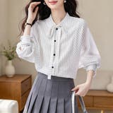 ホワイト | ストライプ柄切り替えボウタイリボン長袖ブラウス レディース トップス | Doux Belle