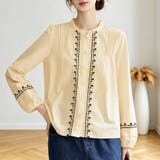 刺繍デザインスタンドカラー長袖シャツブラウス レディース トップス | Doux Belle | 詳細画像1