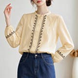 刺繍デザインスタンドカラー長袖シャツブラウス レディース トップス | Doux Belle | 詳細画像2