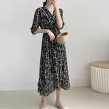 ブラック | マキシワンピース ロングワンピース シフォンワンピース 花柄 Vネック | Doux Belle