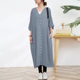 サックス | ワンピース ロング丈 半袖  vネック ボタン ゆったり | Doux Belle 