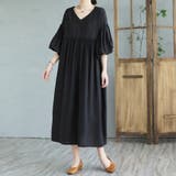 ブラック | ワンピース 半袖 ロングワンピ エスニック フレアワンピース | Doux Belle