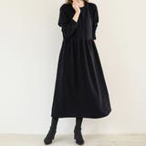 ブラック | ワンピース 長袖 ロングワンピ フレア 丸襟 | Doux Belle