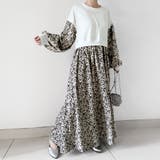 ベージュ | ドッキング花柄ロングワンピース | Doux Belle 