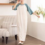 アイボリー_グレイッシュグリーン | 五分袖バイカラーロングワンピース | Doux Belle 