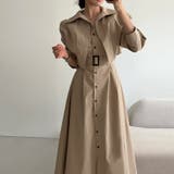 カーキ | ショート丈ジャケット&ウエストベルト前開シャツワンピース | Doux Belle 