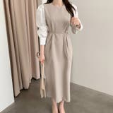 ベージュ | サイドリボンレイヤード風ワンピース | Doux Belle 