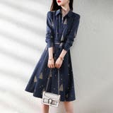 ネイビー | ツリー総柄ウエストリボンシャツワンピース レディース ワンピース | Doux Belle 