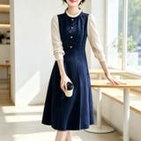 ネイビー | 配色フリルカラー長袖フレアワンピース レディース ワンピース | Doux Belle 