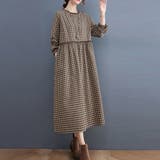 ブラウン | チェック柄レース切り替えロングワンピース レディース ワンピース | Doux Belle