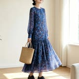 ブルー | アート風総柄クルーネック長袖ロングワンピース レディース ワンピース | Doux Belle