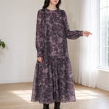 ダークブラウン | アート風総柄クルーネック長袖ロングワンピース レディース ワンピース | Doux Belle