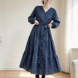 小花柄Vネックウエストリボン長袖ワンピース レディース ワンピース | Doux Belle  | 詳細画像4 