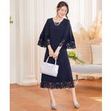 ネイビー | ドレス ワンピース レース袖 ストレート ミモレ丈 | DRESS+