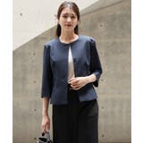 ネイビー | スリット入りノーカラージャケット | DRESS+