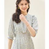 ブルー | ワンピース 花柄 レトロ柄 半袖 プリーツ ミモレ丈 | DRESS+