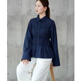 ネイビー | ウエストシャーリング ペプラムシャツ 長袖 | DRESS+