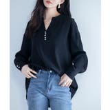 ブラック | パール付きキーネックブラウス | SAISON DE PAPILLON 