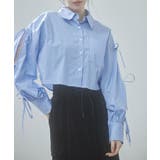 ブルー | 袖リボンショート丈ストライプシャツ | SAISON DE PAPILLON