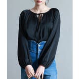 ブラック | リボン付きVネックギャザーブラウス | SAISON DE PAPILLON