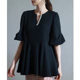 ブラック | パール付きキーネックブラウス | SAISON DE PAPILLON