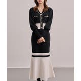 ブラック | トランペットライン長袖ミディ丈配色ニットワンピース | SAISON DE PAPILLON 