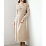 ベージュ | アシンメトリネック長袖ミディ丈ニットワンピース | SAISON DE PAPILLON