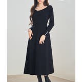 ブラック | アシンメトリネック長袖ミディ丈ニットワンピース | SAISON DE PAPILLON