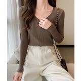 ブラウン | 春のレイヤードコーデにぴったり！リブニットトップス Vネック サマーニット | SEU